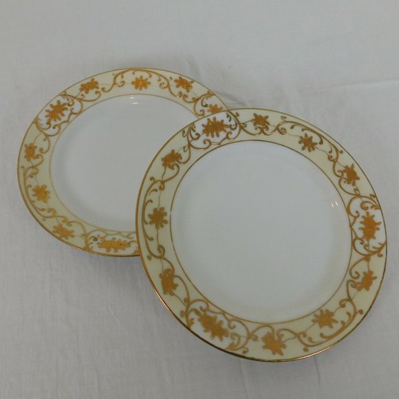 Lot 2 Antique Nippon Spoke Mark Hand Paint Bread Butter Plate Gold White Yellow - Picture 1 of 10